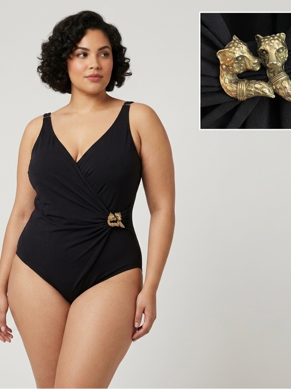 Vintage Black Swimsuit w/ Leopard Metal Buckle - 16 / 40DD